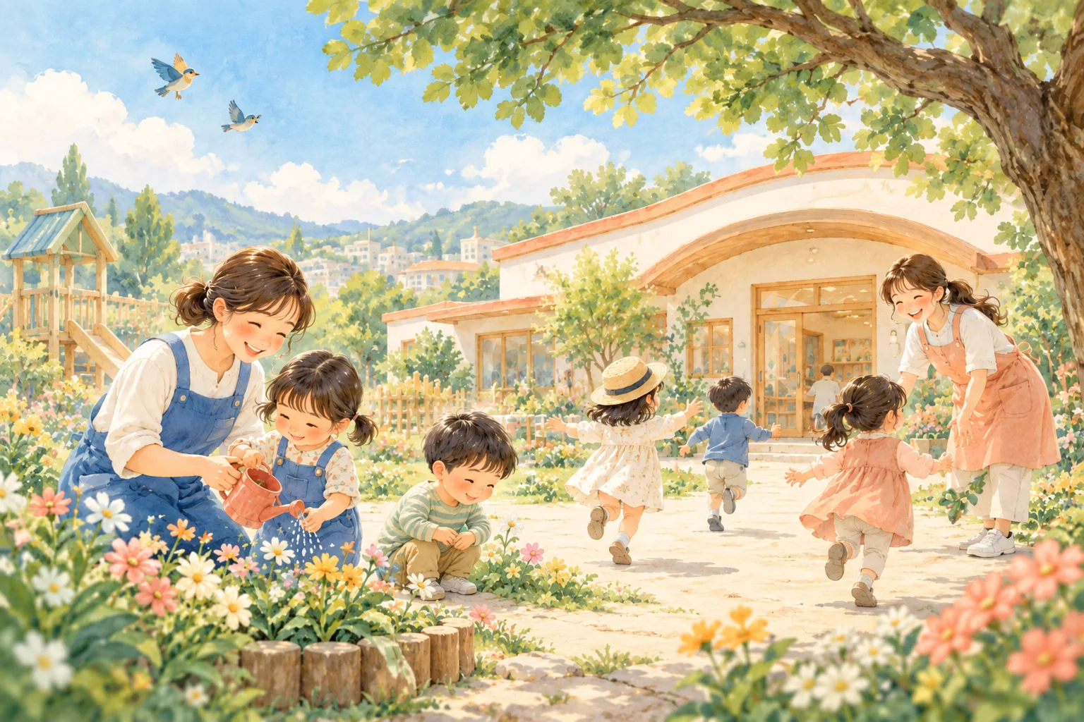 木漏れ日の園庭で、花に水をやり草花を観察する子どもたちを見守る先生たちの温かなイラスト